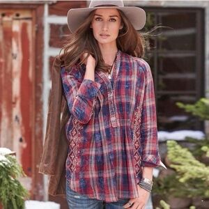 Sundance Western Plaid Embroidered Top Blue Red Size Medium